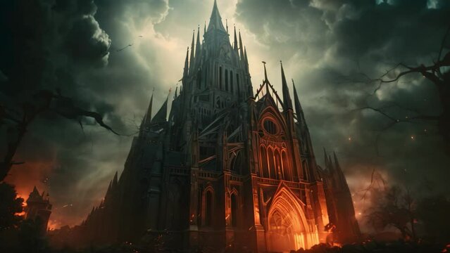 Halloween concept. Scary halloween background with spooky cathedral, An elaborate gothic cathedral towering into cloudy skies, AI Generated