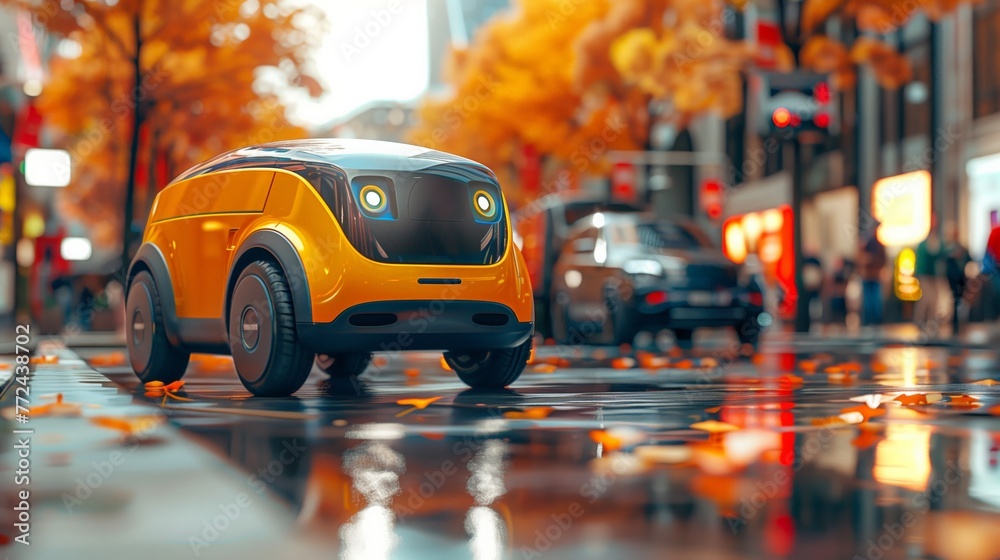 Poster autonomous delivery robot navigating a wet urban street in autumn