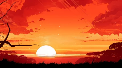 Raamstickers Illustration capturing the serene atmosphere of a sunset, with the sun setting on the horizon, casting beautiful orange hues across the sky. © arayabandit