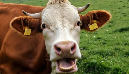 A Cow With Its Mouth Open Chewing Cud - obrazy, fototapety, plakaty