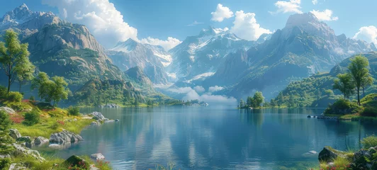 Zelfklevend Fotobehang A serene landscape with a crystal-clear lake surrounded by lush greenery and towering snow-capped mountains under a blue sky with fluffy clouds. © Valeriy