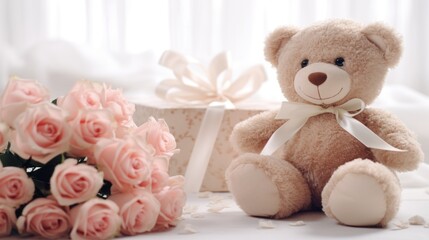 Bear sitting near a gift box with a bouquet of pink roses, gift for birthday, valentine's day, holiday, celebration.