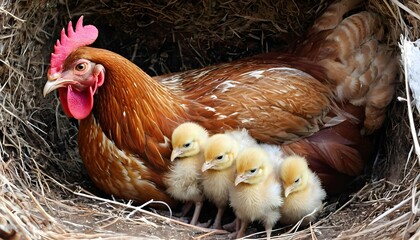 A Hen With Her Chicks Nestled Under Her Feathers