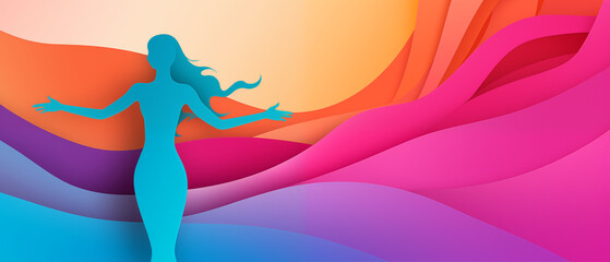 Abstract colorful paper cut freedom of woman with copy space for text.