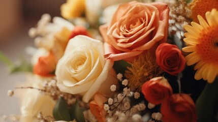 Sun-kissed floral collection, close-up of roses and complementary flowers, capturing essence of...
