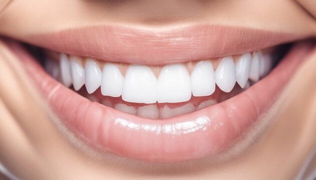 Close-up of a girl's beautiful mouth in a smile with white teeth. Great photography for dentistry. White implants, veneers, straight white teeth.