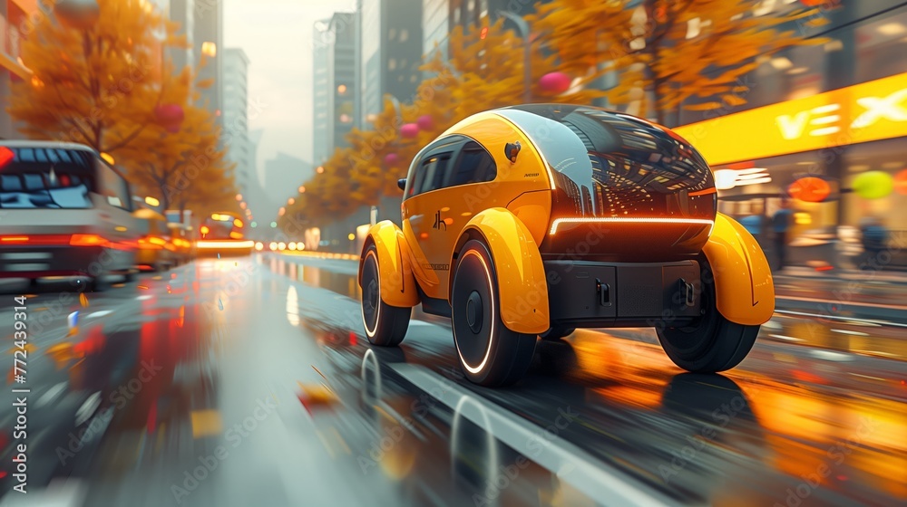 Poster autonomous vehicle navigating through urban street in autumn dusk