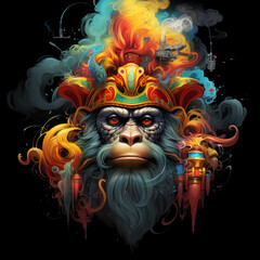 illlustration monkey king face , with crown gold , rainbow splash smoke   Generate AI