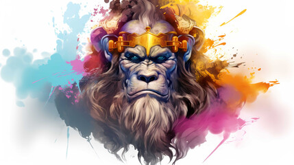 illlustration monkey king face , with crown gold , rainbow splash smoke   Generate AI - obrazy, fototapety, plakaty