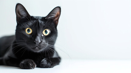 Black cat sits on a white background. Studio shoot
