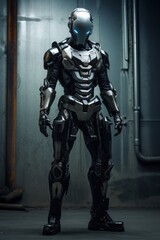 Naklejka premium In a futuristic setting, a full-length combat robot with advanced weaponry poses against a dark and apocalyptic backdrop.