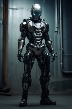 In a futuristic setting, a full-length combat robot with advanced weaponry poses against a dark and apocalyptic backdrop.