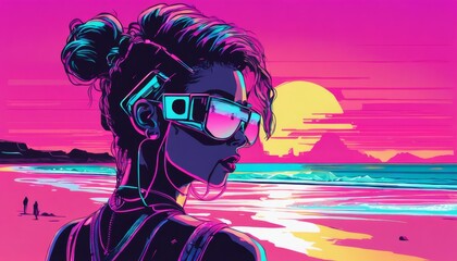 Beautiful background in cyberpunk style. Neon summer background. Girl on the beach