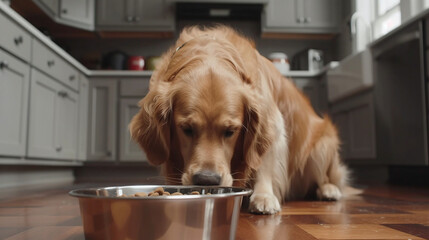 Golden retriever eating dog food from metal bowl
