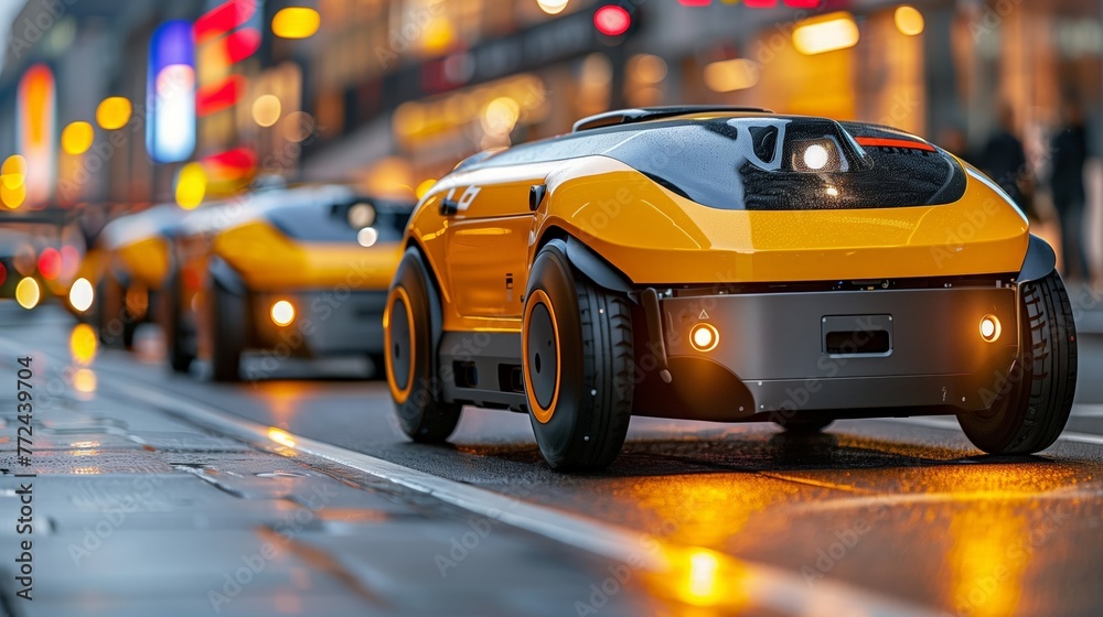 Aufkleber Autonomous Delivery Robot Navigating a Busy City Street at Dusk