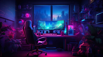 Spacious gamer room with full luxury PC gear with wide screen, soft chair, full RGB   Generate AI - obrazy, fototapety, plakaty