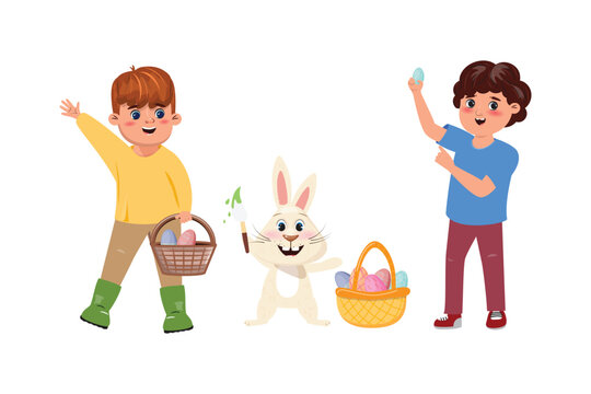 Easter Friends Painting Fun. Two boys holding eggs and  a bunny standing between them