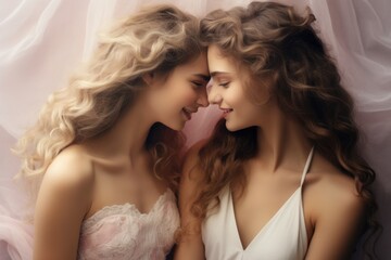 Fototapeta premium Love in the air-two happy girls, embracing with excitement, eagerly awaiting a kiss, capturing the essence of romance. Concept: love for Valentine's Day and LGBT.
