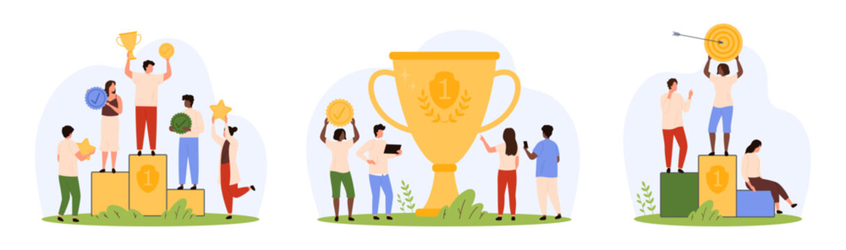 Winners prize for success victory in business competition set. Tiny people on podium celebrate achievement of first place with gold cup trophy and target with arrow cartoon vector illustration