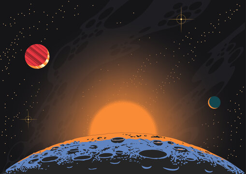 Planet Orbit Space Illustration, Eclipse, Planets, Asteroid, Deep Space Vector Art 