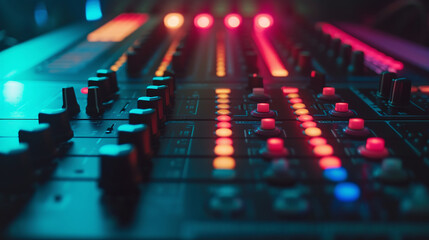 buttons equipment in audio recording studio with neon lights
