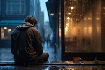 In the night rain, a stressed and unhappy individual sits on a wet street, facing the transparent problems of homelessness and unemployment. - obrazy, fototapety, plakaty