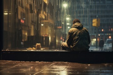 In the evening rain, a sad, homeless figure sits on a dirty street, reflecting the transparent...
