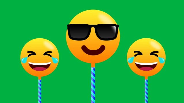 Cool and tention free emoji animation isolated on green background in swinging motion. Sunglasses and laughing emoji clip.