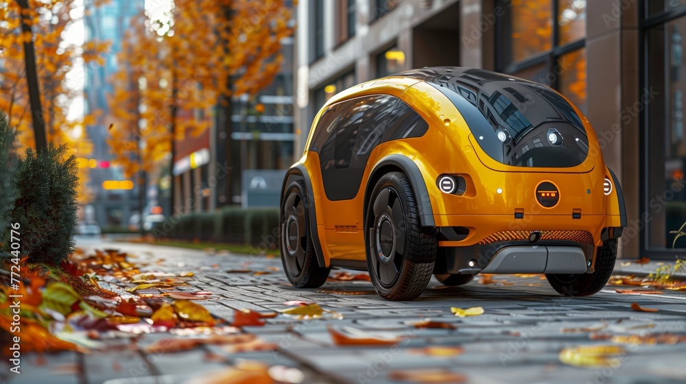 Poster autonomous delivery robot navigating a city sidewalk in autumn