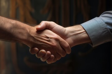 Close-up of a firm handshake between two professionals, highlighting successful partnership and trust in a modern office. - obrazy, fototapety, plakaty