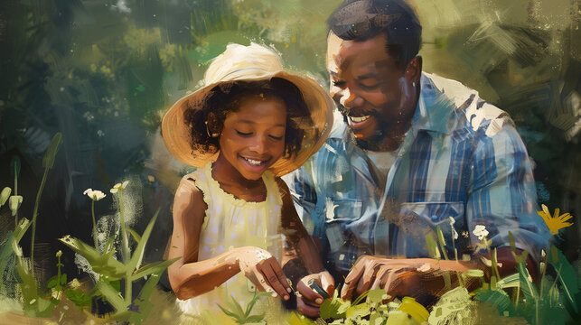 Painted illustration african american father & daughter gardening. Father's Day concept. Black family spending time together outside in the garden, dad & child bonding in nature planting flowers. 