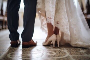 Bridal elegance captured in a low-angle shot: the legs of the bride and groom, symbolizing the start of their marital journey. - obrazy, fototapety, plakaty