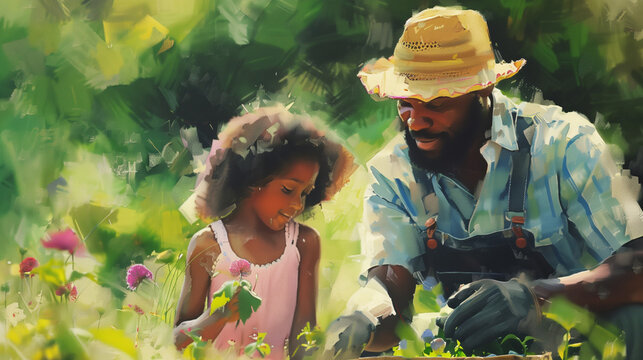 Oil painting of.an african american father & daughter gardening. Father's Day illustration. Black family spending time together outside in the garden, dad & child bonding in nature planting flowers. 