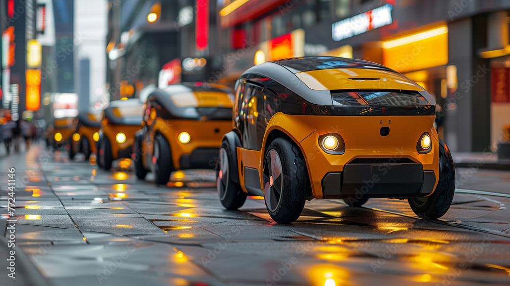 Poster autonomous delivery robots navigating a wet urban street at twilight