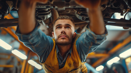 A male auto mechanic repairs the undercarriage of a car from below. - obrazy, fototapety, plakaty