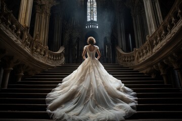Breathtaking scene: the bride in a long wedding dress decorating the palace staircase, seated from behind.