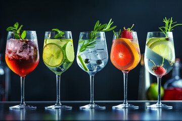 Five stemware glasses showcasing gin and tonic variations infused with different flavors. - obrazy, fototapety, plakaty