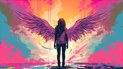 Teenage girl standing against angel wings graffiti on pink wall , Generate AI