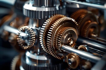 Close-up of metallic gears and auto parts. A stunning macro photograph of automotive gears