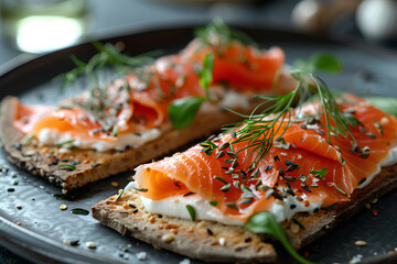 Gourmet smoked salmon on toast with cream cheese and dill, a savory treat. - obrazy, fototapety, plakaty