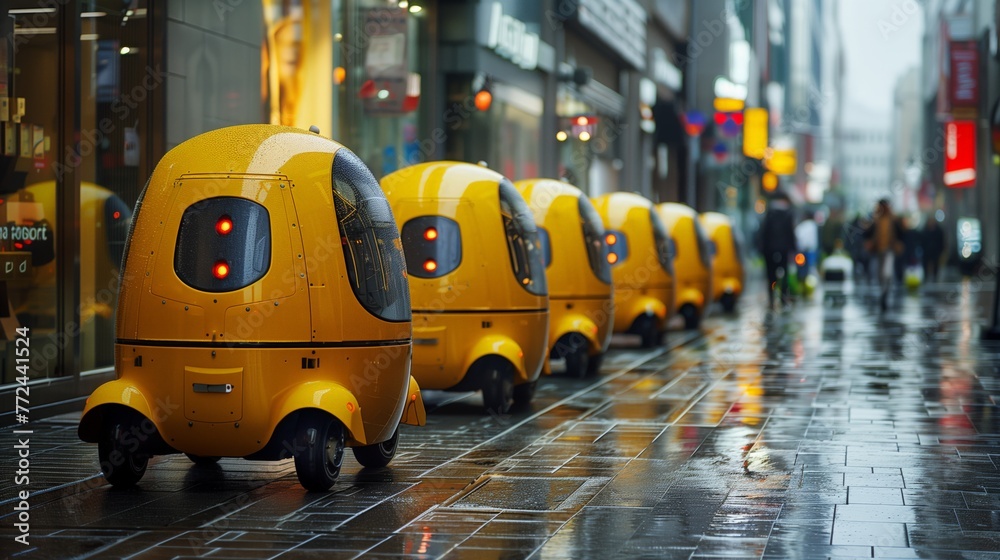 Poster Rainy Day on the City Sidewalk With a Line of Yellow Automated Delivery Robots