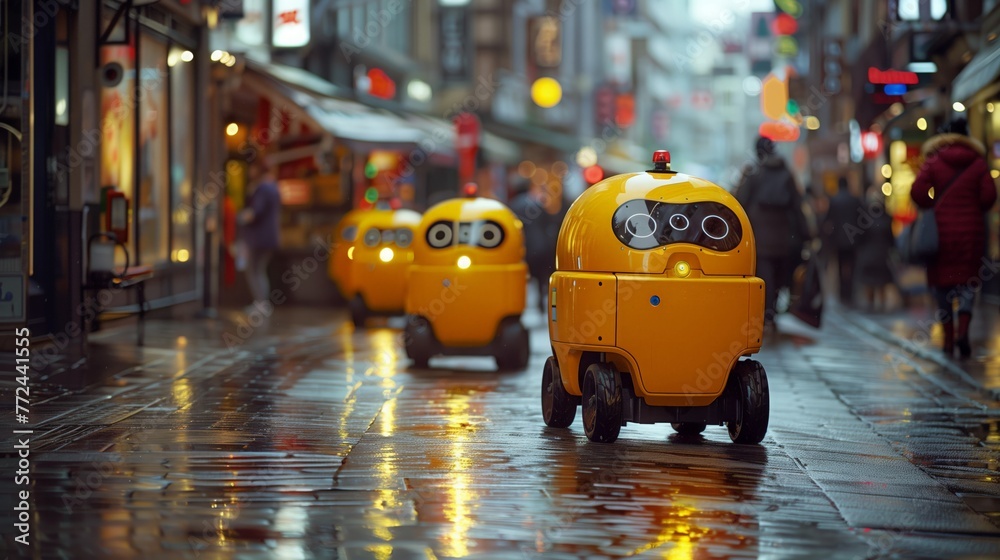 Poster autonomous delivery robots navigating a wet urban street at dusk