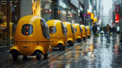 Rainy Day on the City Sidewalk With a Line of Yellow Automated Delivery Robots