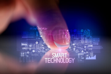 Finger touching tablet with web technology icons concept