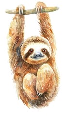 Fototapeta premium Watercolor sloth hanging lazily, with a sweet smile, set on a white background
