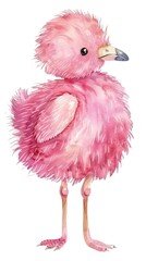 Adorable watercolor flamingo chick, fluffy and pink, against a white background