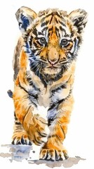 Brighteyed watercolor tiger cub, in a playful stance, painted on a white background