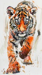 Brighteyed watercolor tiger cub, in a playful stance, painted on a white background