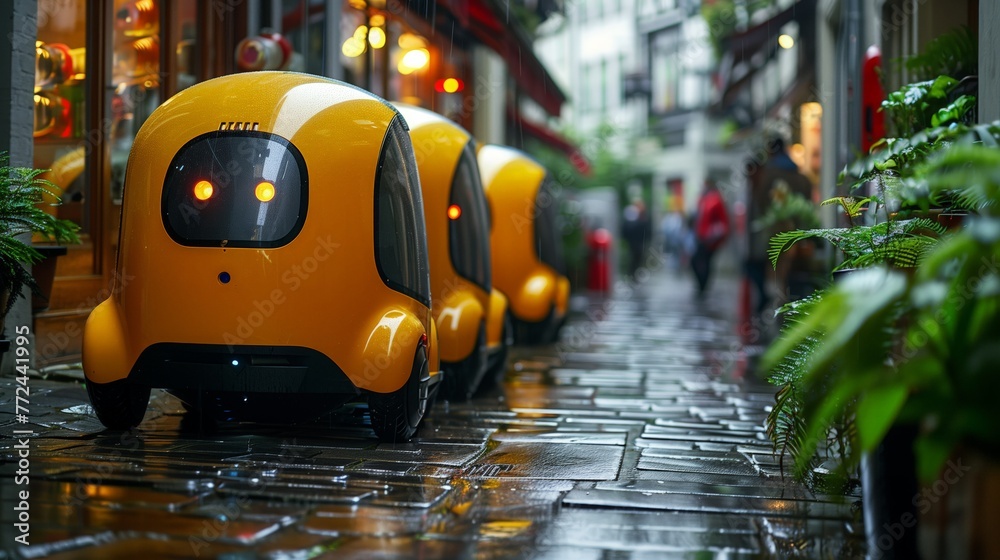 Poster autonomous delivery robots navigating a rainy cobblestone street