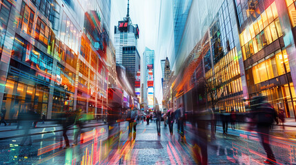 A panoramic view of a bustling financial district, overlaid with data overlays depicting market trends and consumer behavior. - - obrazy, fototapety, plakaty